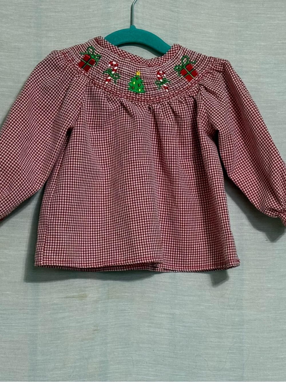 Girls 12-18M Christmas Smocked Gingham Embroidered Top